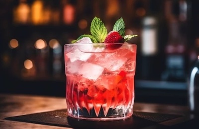 Verre contenant un rhum arrangé à la fraise.